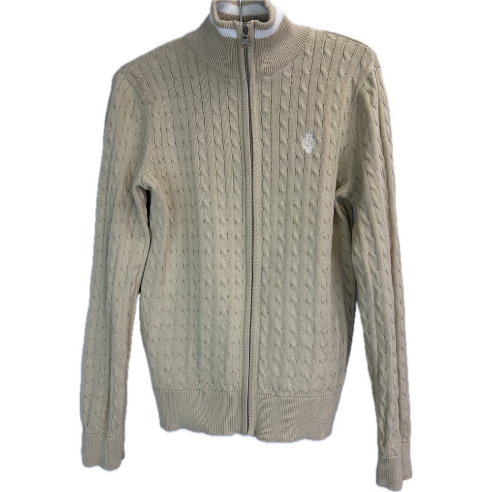 Lauren Ralph Lauren Beige Cotton Full Zip Cardigan Cable Knit Sweater Si…